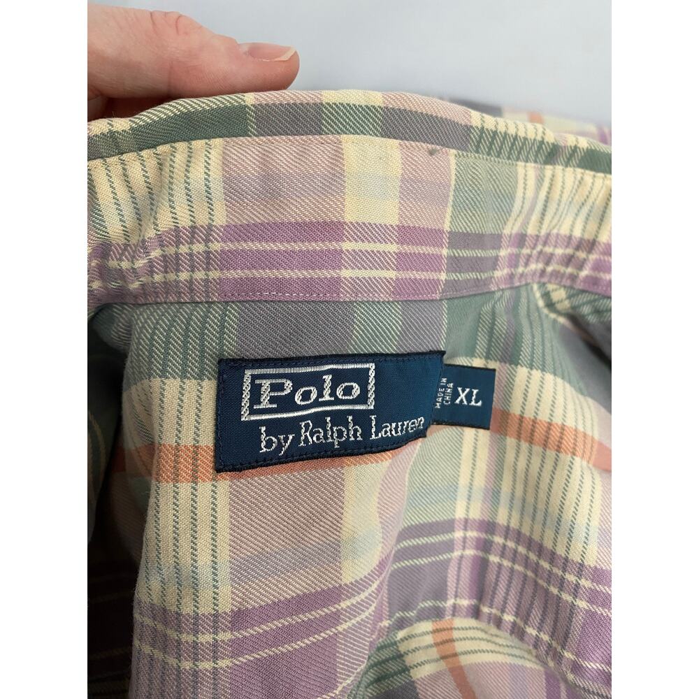 Polo Ralph Lauren Mens XL Plaid Cream Purple Green Long Sleeve Thick Button Up - Picture 8 of 9
